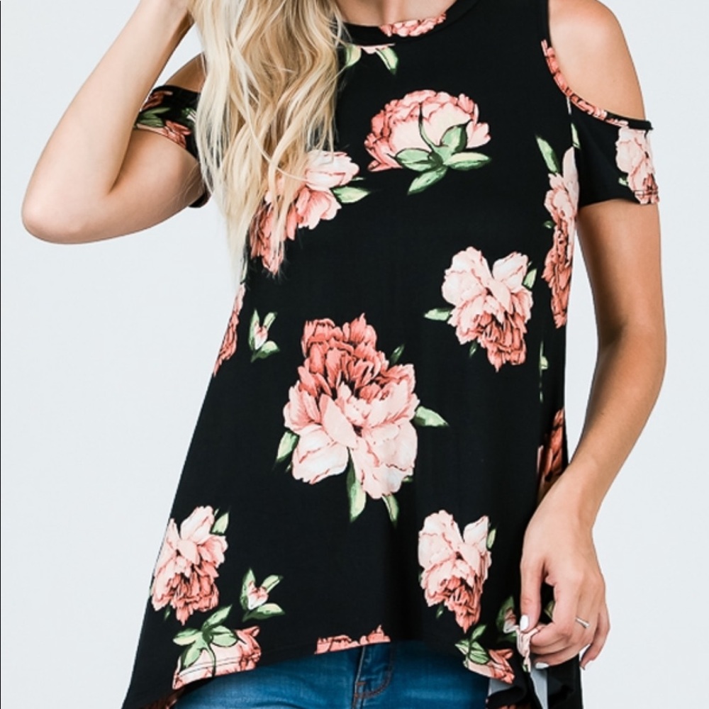 Black and Floral Open Shoulder Tunic